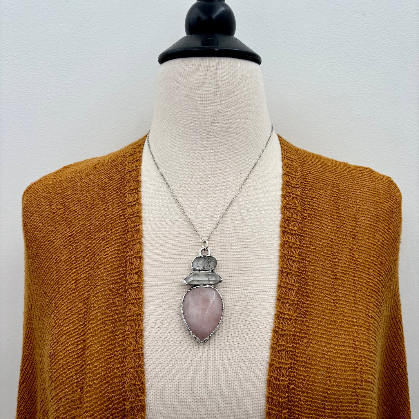 Three Stone Necklace Rose Quartz Clear Quartz Tourmaline Quartz Silver / Foxlark Collection