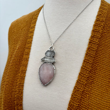 Three Stone Necklace Rose Quartz Clear Quartz Tourmaline Quartz Silver / Foxlark Collection