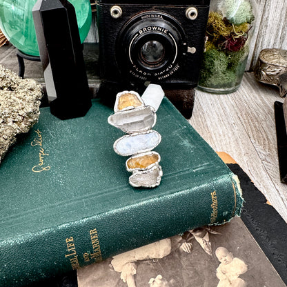 Multi Stone Clear Quartz Citrine & Rainbow Moonstone Ring In Fine Silver Size 10 / Foxlark Collection