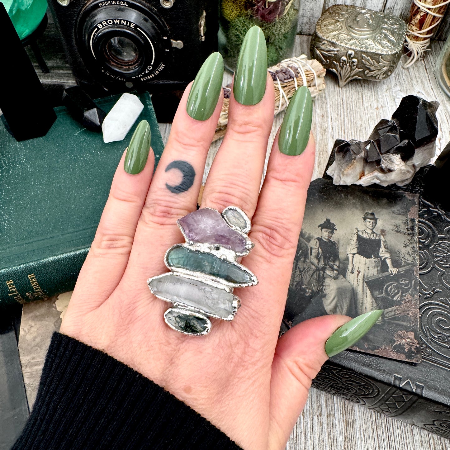 Multi Stone Moss Agate Clear Quartz Labradorite Amethyst & Rainbow Moonstone Ring In Fine Silver Size 10 / Foxlark Collection