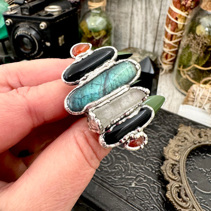Multi Stone Carnelian Black Onyx Clear Quartz & Labradorite Ring In Fine Silver Size 9 / Foxlark Collection