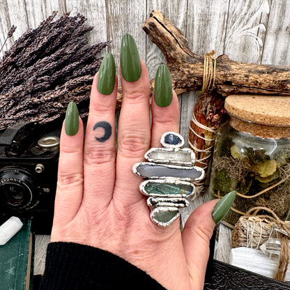 Multi Stone Amazonite Smoky Quartz Labradorite Blue Chalcedony Clear Quartz & Sapphire Ring In Fine Silver Size 9 / Foxlark Collection