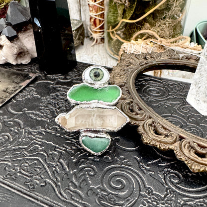Multi Stone Glass Eye Sea Glass Clear Quartz & Aventurine  Ring In Fine Silver Size 10 / Foxlark Collection