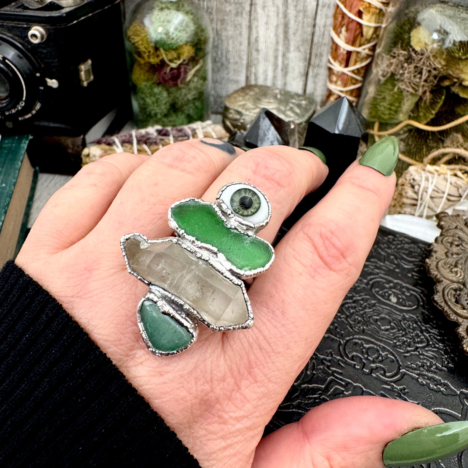 Multi Stone Glass Eye Sea Glass Clear Quartz & Aventurine  Ring In Fine Silver Size 10 / Foxlark Collection FOXLARK
