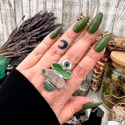 Multi Stone Glass Eye Sea Glass Clear Quartz & Aventurine  Ring In Fine Silver Size 10 / Foxlark Collection
