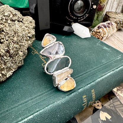 Multi Stone Citrine Dendritic Agate Bloodstone & Clear Quartz  Ring In Fine Silver Size 7 / Foxlark Collection