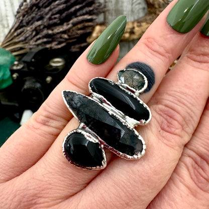 Multi Stone Obsidian Moss Agate & Black Onyx  Ring In Fine Silver Size 7 / Foxlark Collection