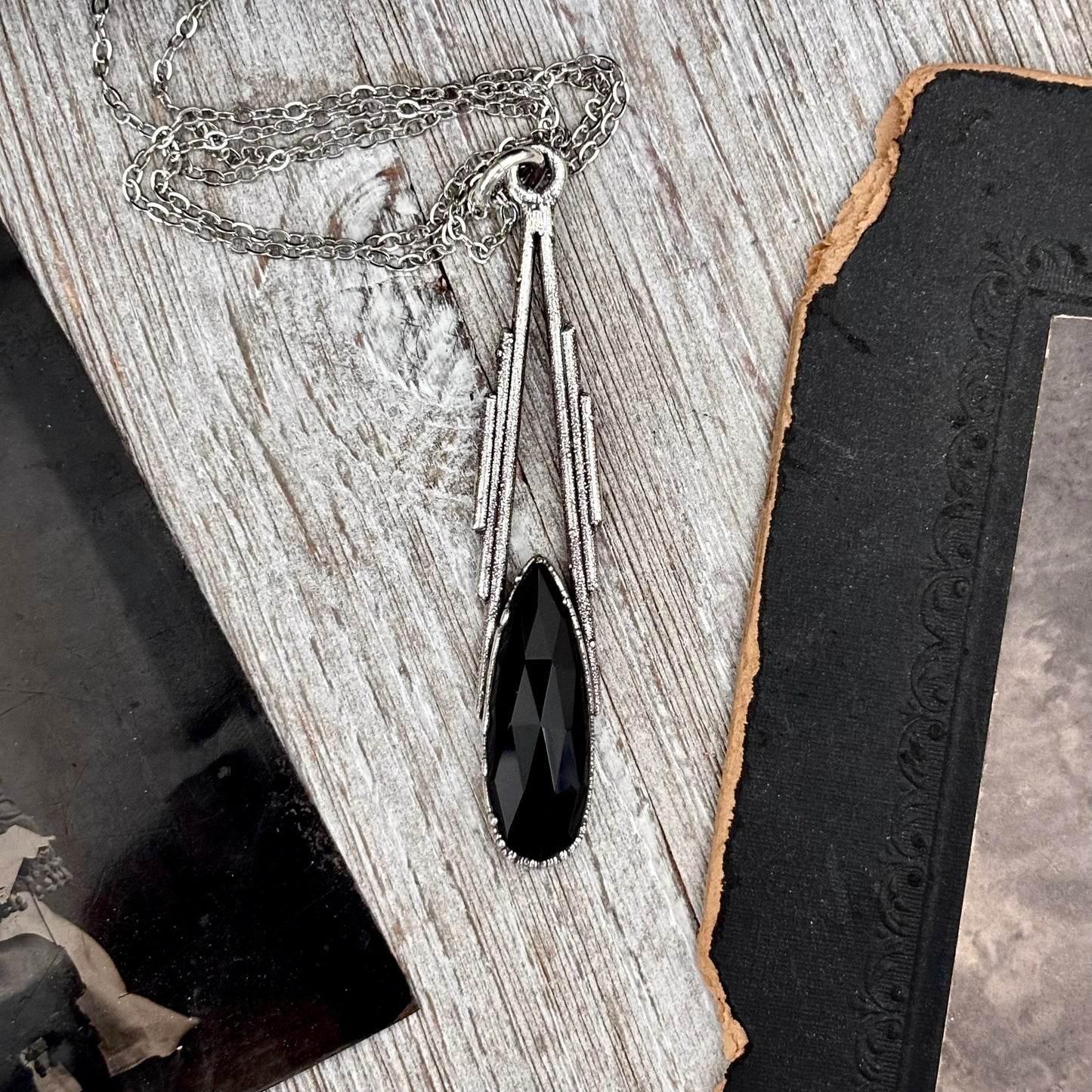 Black Onyx Crystal Necklace in Fine Silver / Foxlark Collection - One of a Kind