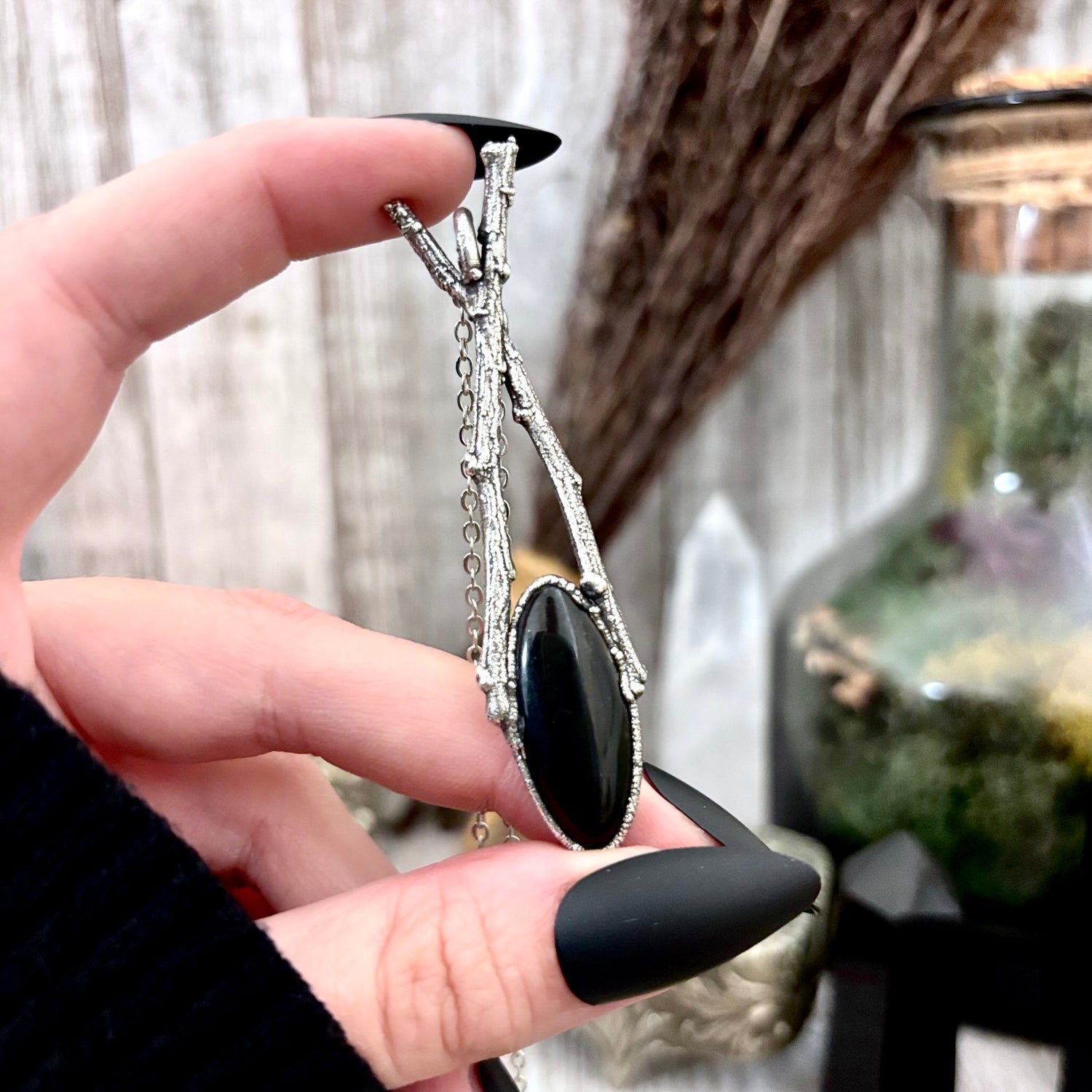 Black Onyx Crystal Necklace in Silver / Sticks & Stones Collection FOXLARK
