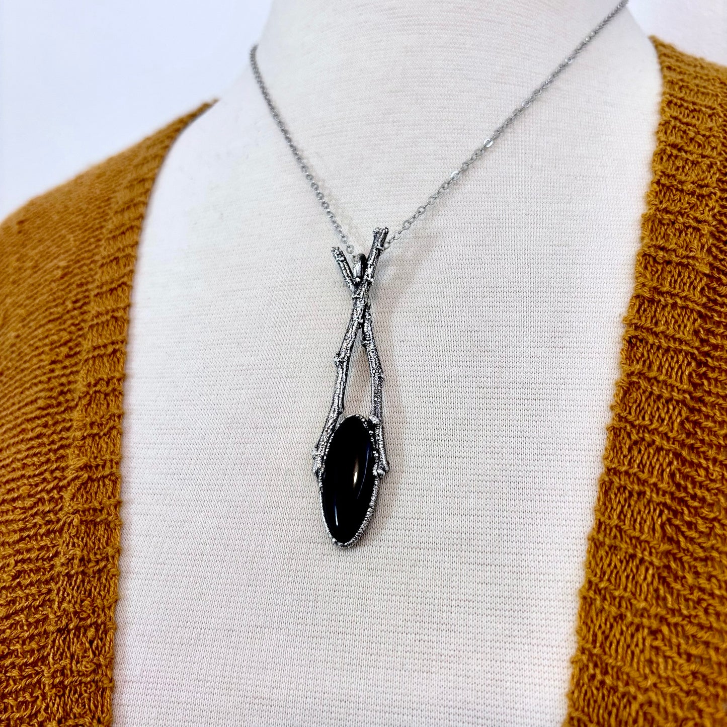 Black Onyx Crystal Necklace in Silver / Sticks & Stones Collection
