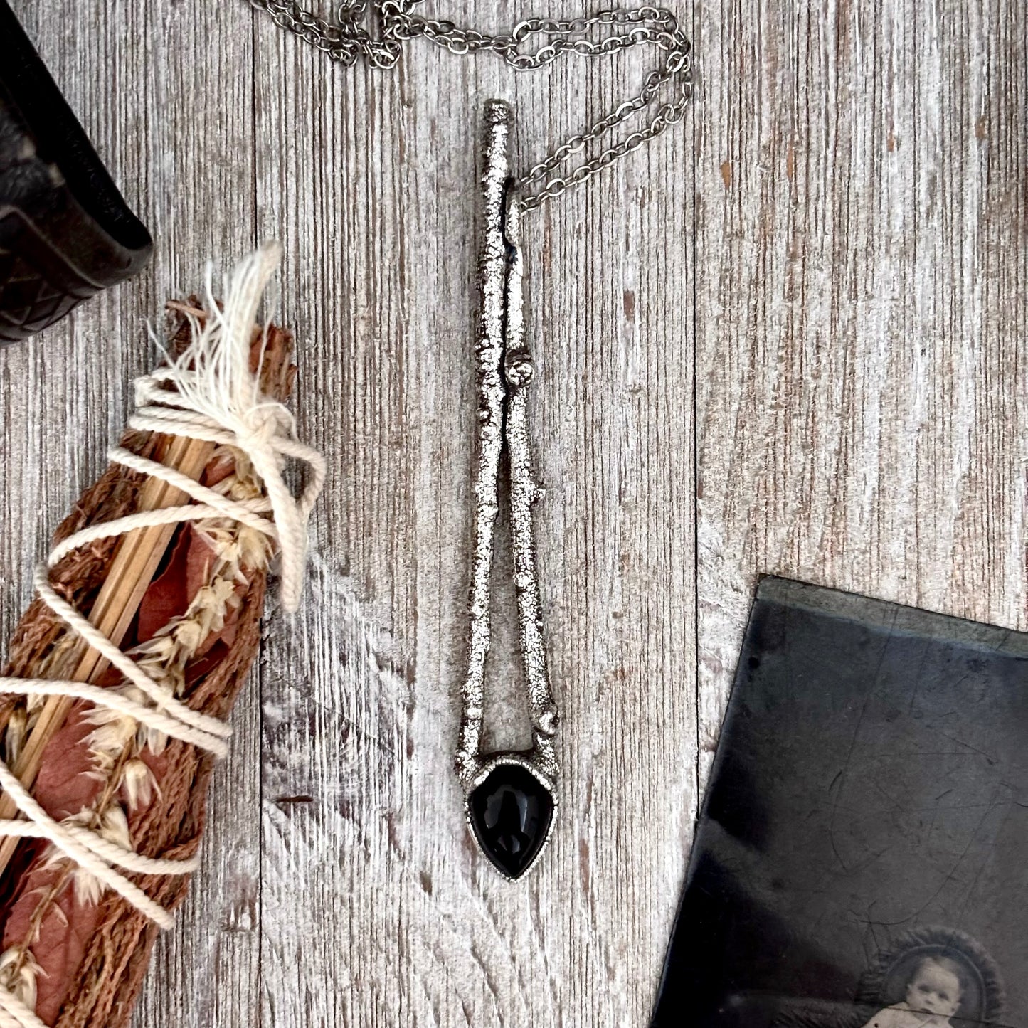 Black Onyx Crystal Necklace in Silver /Sticks & Stones Collection