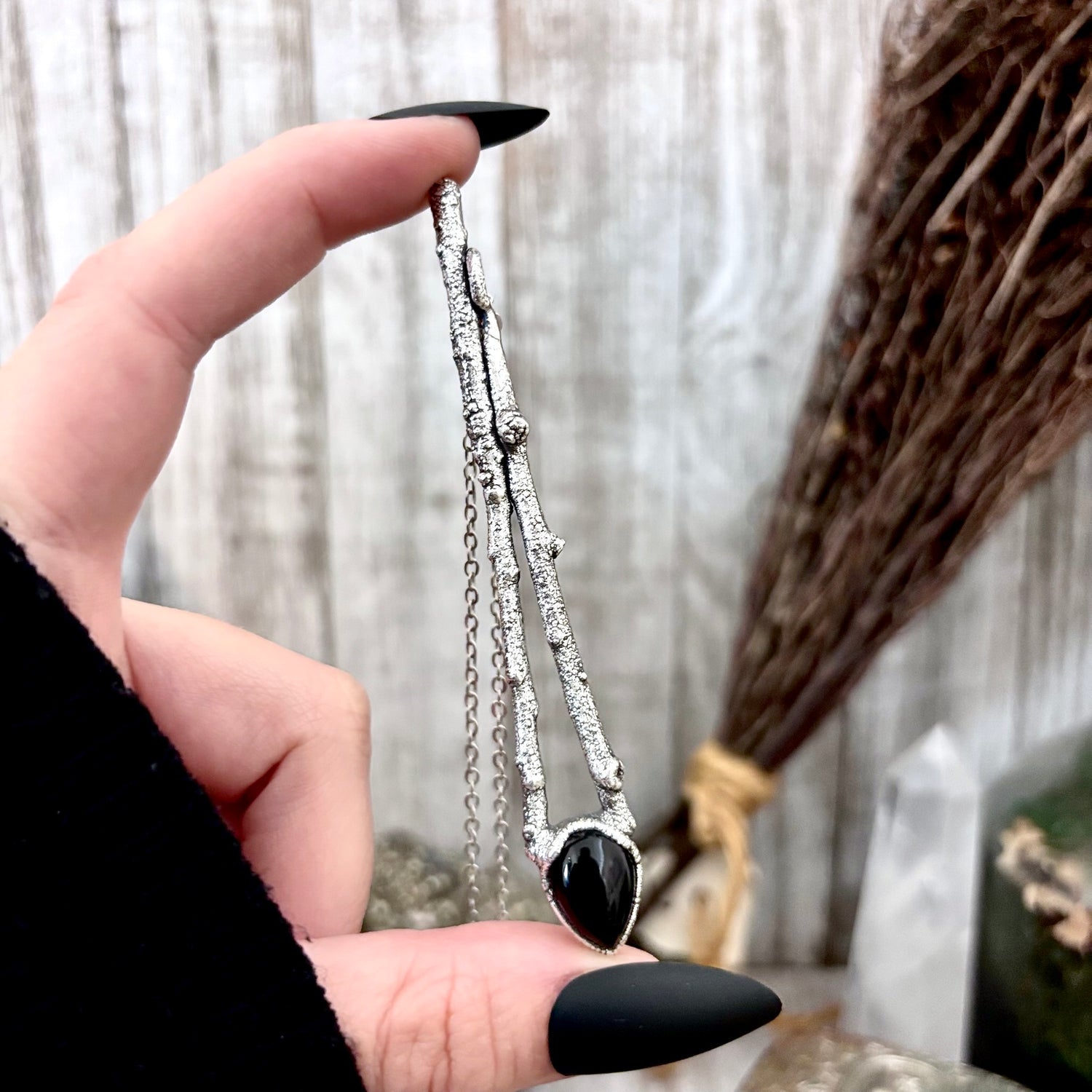 Black Onyx Crystal Necklace in Silver /Sticks & Stones Collection FOXLARK