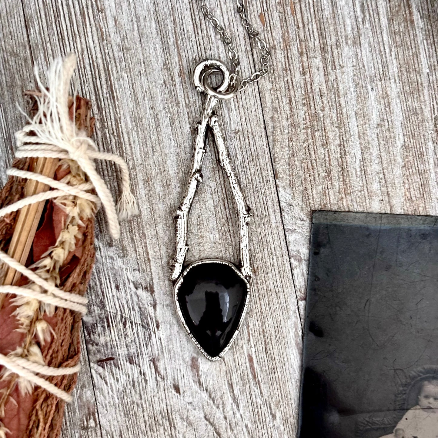 Black Onyx Crystal Necklace in Silver /Sticks & Stones Collection