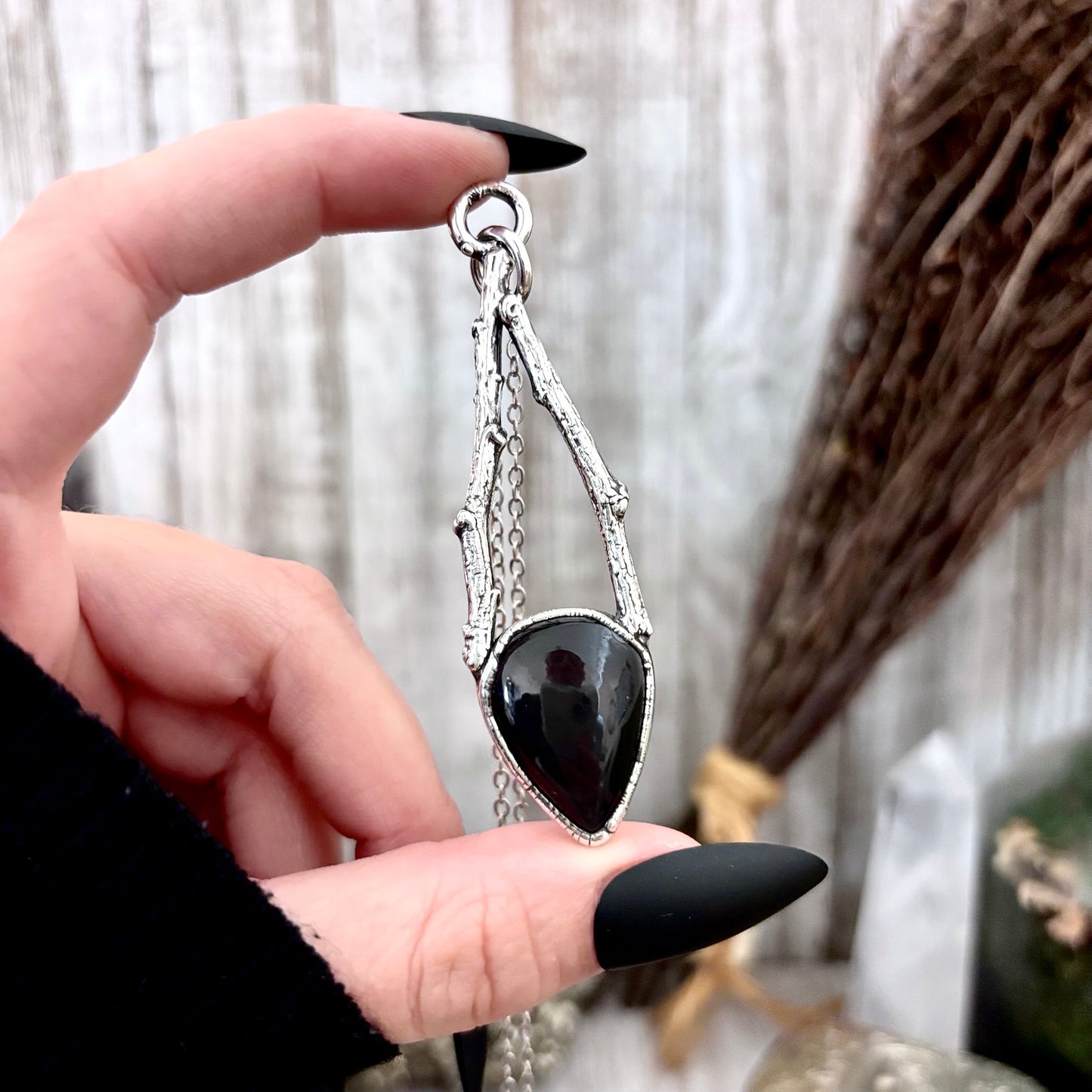 Black Onyx Crystal Necklace in Silver /Sticks & Stones Collection