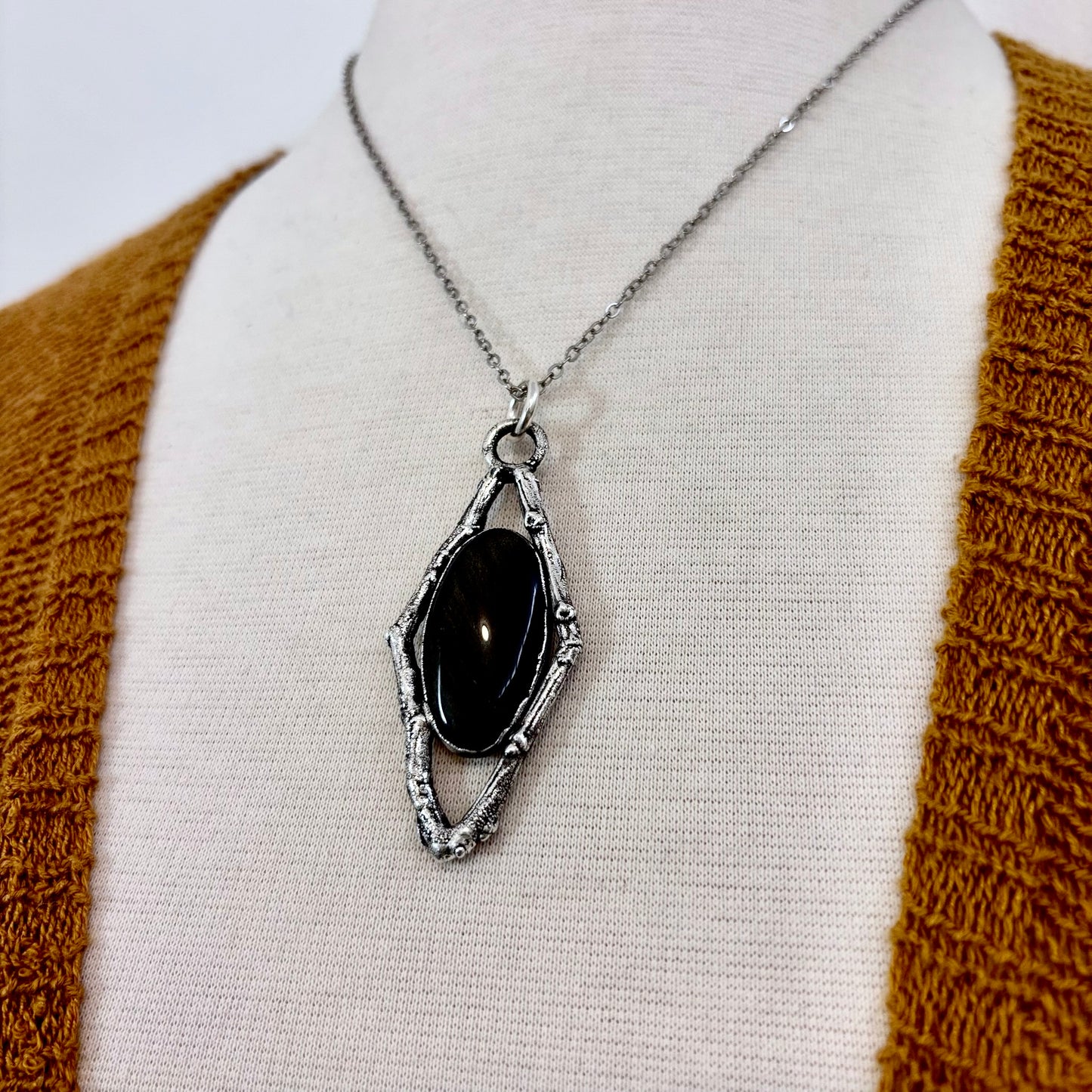 Gold Sheen Obsidian Crystal Necklace in Silver /Sticks & Stones Collection