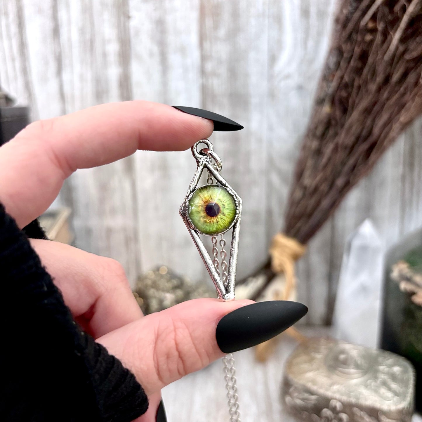 Green Eyeball Necklace Fine Silver / Foxlark Collection - One of a Kind