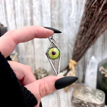 Green Eyeball Necklace Fine Silver / Foxlark Collection - One of a Kind