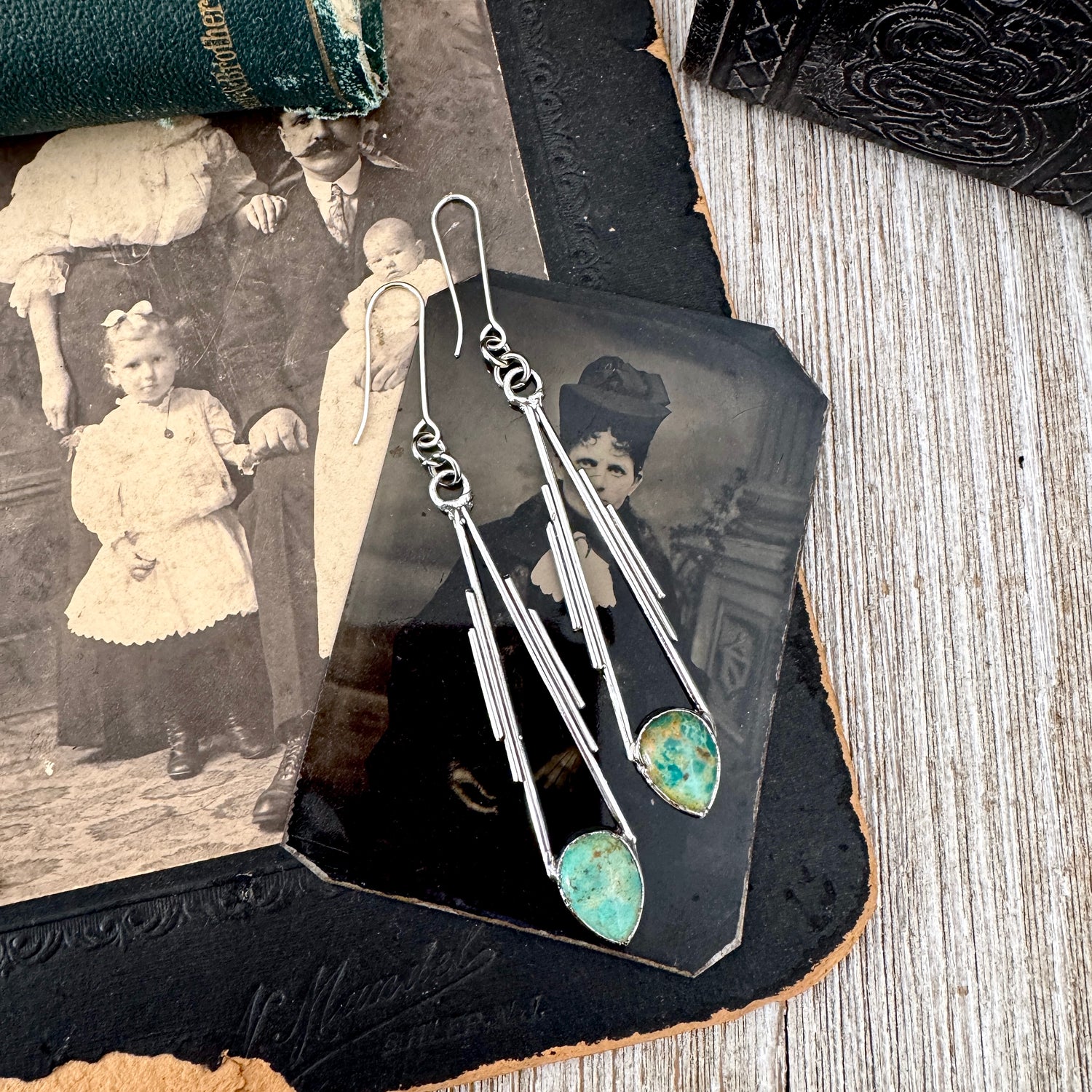 Tibetan Turquoise Long Dangle Earrings in Fine Silver FOXLARK