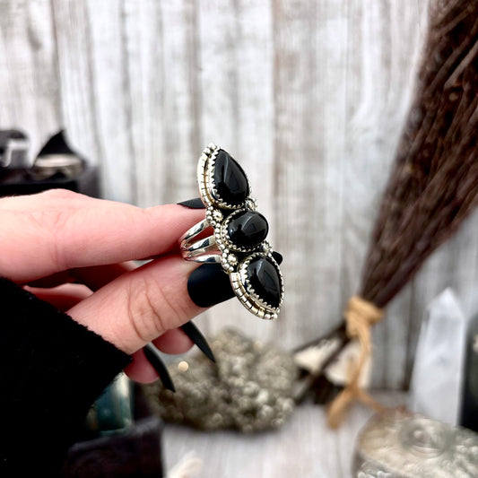 Three Stone Black Onyx Ring in Sterling Silver- Designed by FOXLARK Collection Size 6 7 8 9 10 11 / Big Crystal Ring Witchy Jewelry