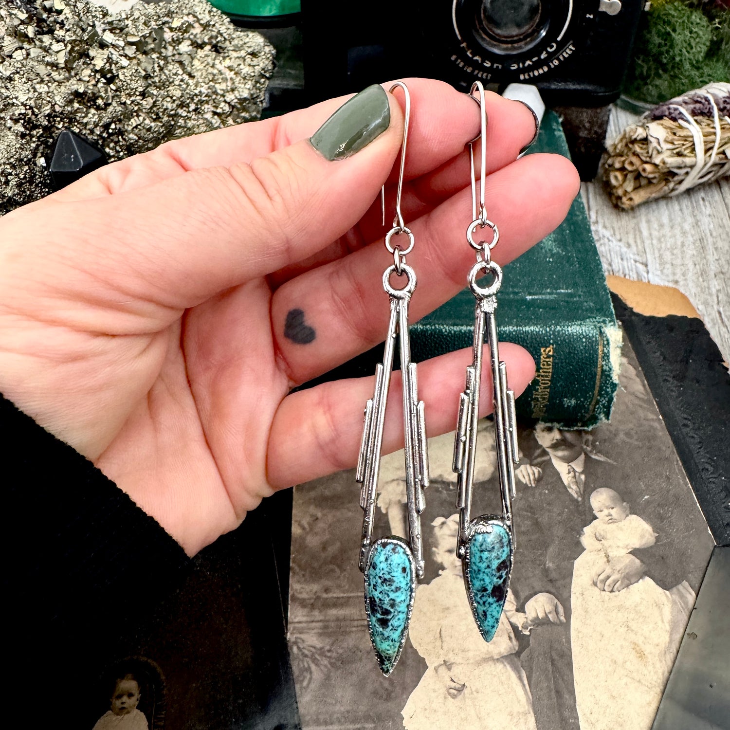 Tibetan Turquoise Dramatic Drop Earrings in Fine Silver FOXLARK