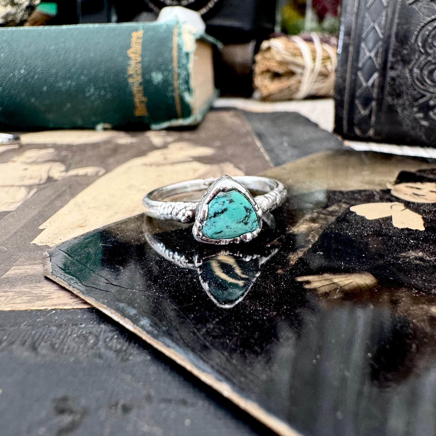Handmade Tibetan Turquoise Ring in Fine Silver / Size 6.5 8 9 10 10.5 / Foxlark Collection