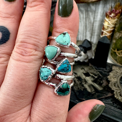 Handmade Tibetan Turquoise Ring in Fine Silver / Size 6.5 8 9 10 10.5 / Foxlark Collection