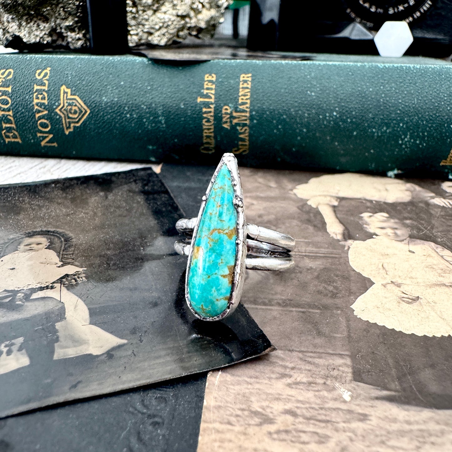 Handmade Tibetan Turquoise Ring in Fine Silver / Size 7 8 9 / Foxlark Collection