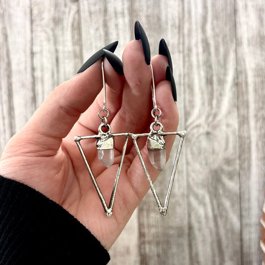 Raw Clear Quartz Fine Silver Crystal Dangle Earrings / Long Dangle Witchy Earrings
