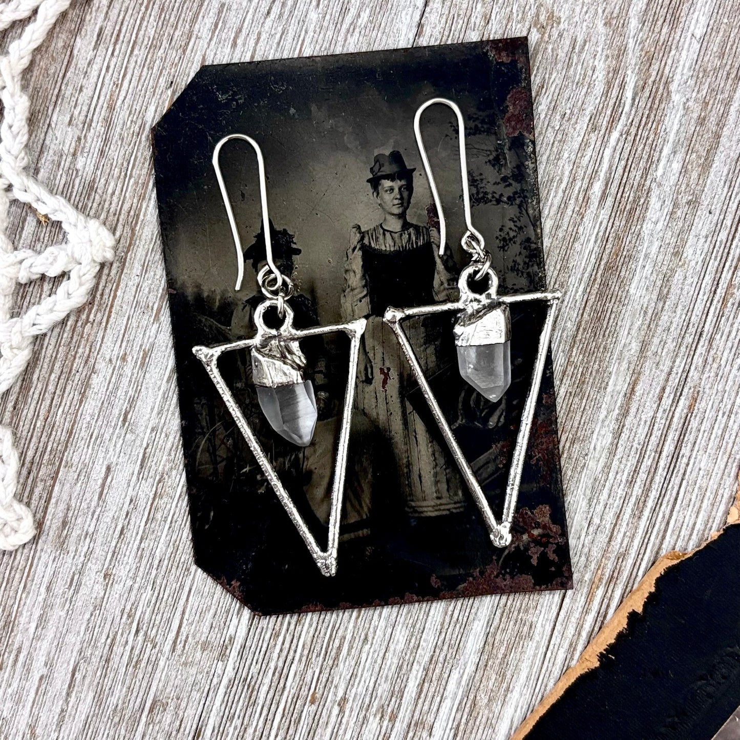 Raw Clear Quartz Fine Silver Crystal Dangle Earrings / Long Dangle Witchy Earrings