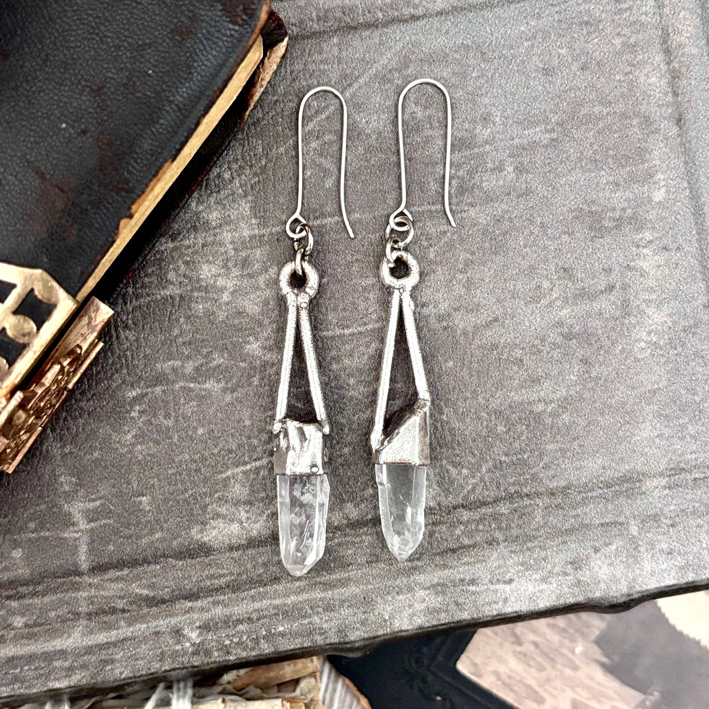 Raw Clear Quartz Fine Silver Crystal Dangle Earrings / Long Dangle Witchy Earrings
