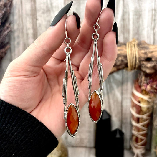 Carnelian Fine Silver Crystal Dangle Earrings / Long Dangle Witchy Earrings