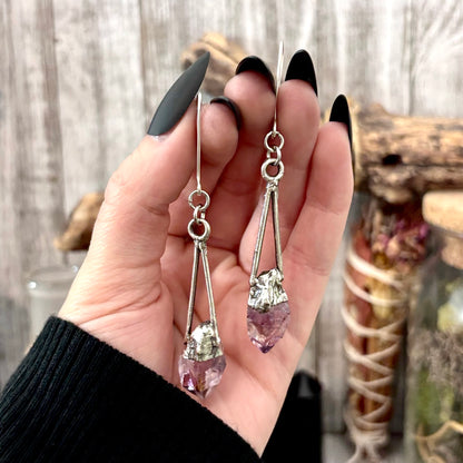 Raw Amethyst Fine Silver Crystal Dangle Earrings / Long Dangle Witchy Earrings
