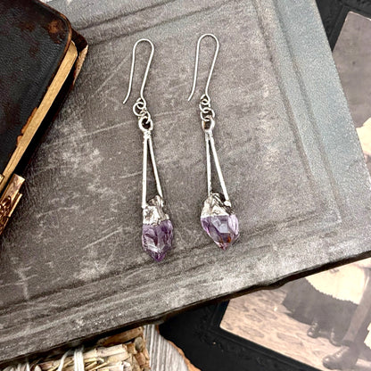 Raw Amethyst Fine Silver Crystal Dangle Earrings / Long Dangle Witchy Earrings