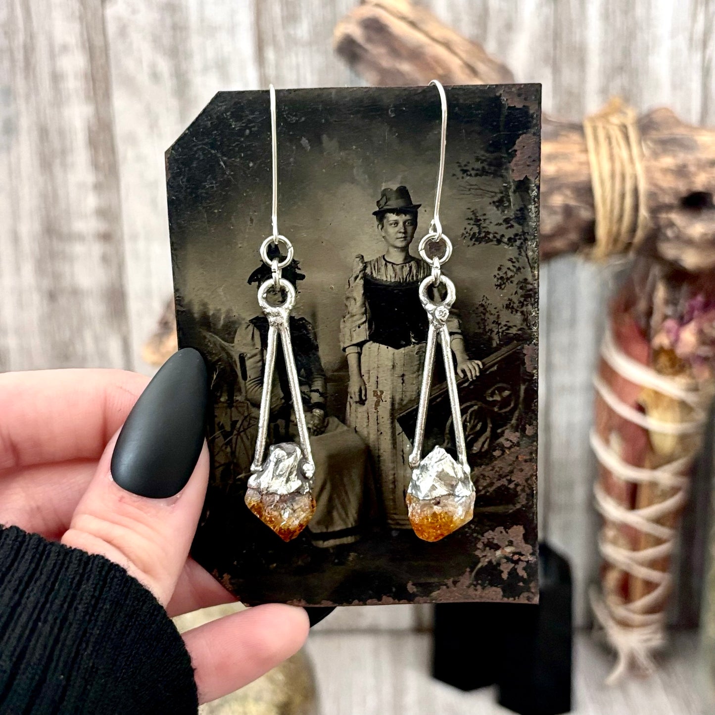 Raw Citrine Fine Silver Crystal Dangle Earrings / Long Dangle Witchy Earrings