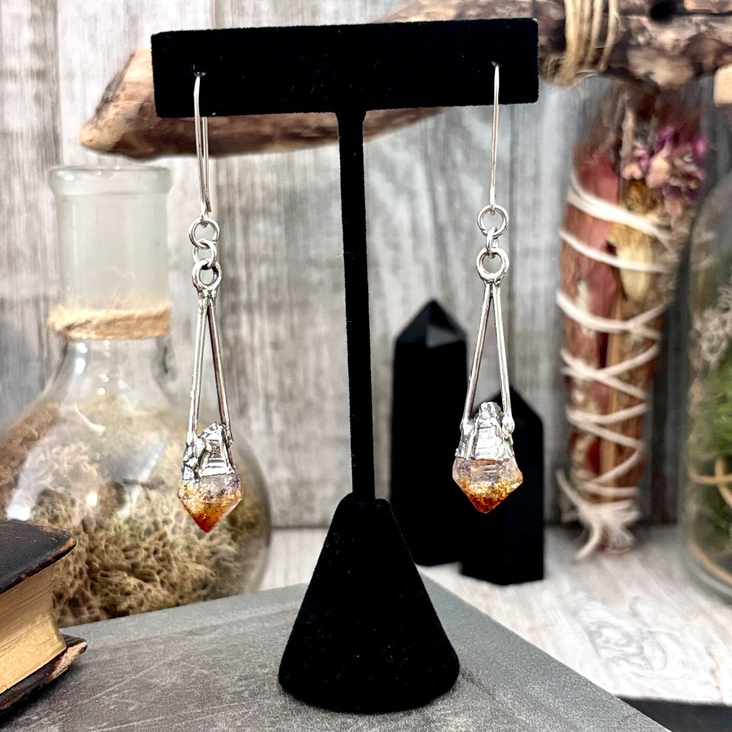 Raw Citrine Fine Silver Crystal Dangle Earrings / Long Dangle Witchy Earrings