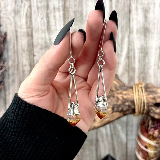 Raw Citrine Fine Silver Crystal Dangle Earrings / Long Dangle Witchy Earrings
