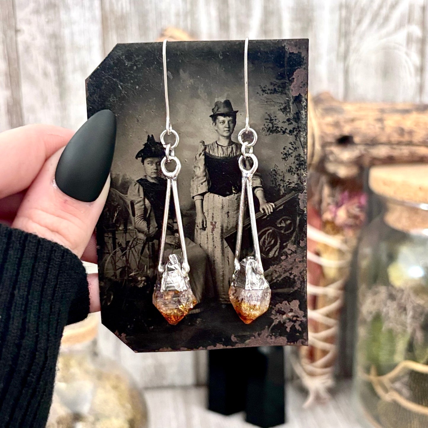 Raw Citrine Fine Silver Crystal Dangle Earrings / Long Dangle Witchy Earrings