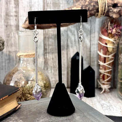 Raw Amethyst Fine Silver Crystal Dangle Earrings / Long Dangle Witchy Earrings