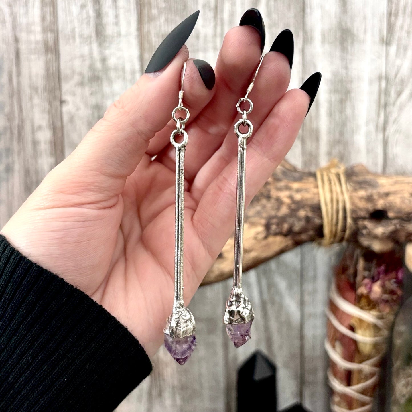 Raw Amethyst Fine Silver Crystal Dangle Earrings / Long Dangle Witchy Earrings