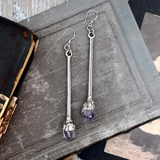 Raw Amethyst Fine Silver Crystal Dangle Earrings / Long Dangle Witchy Earrings