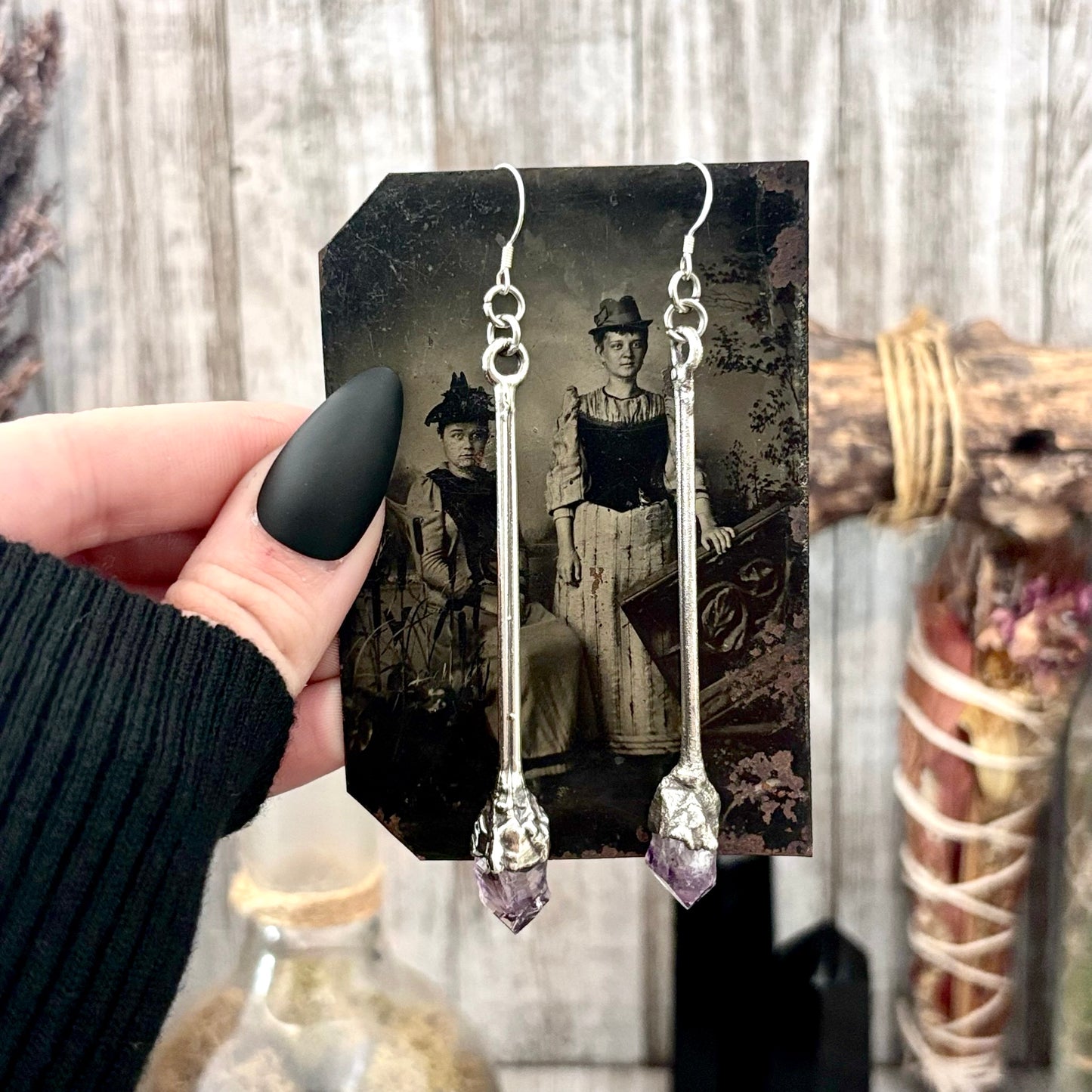 Raw Amethyst Fine Silver Crystal Dangle Earrings / Long Dangle Witchy Earrings