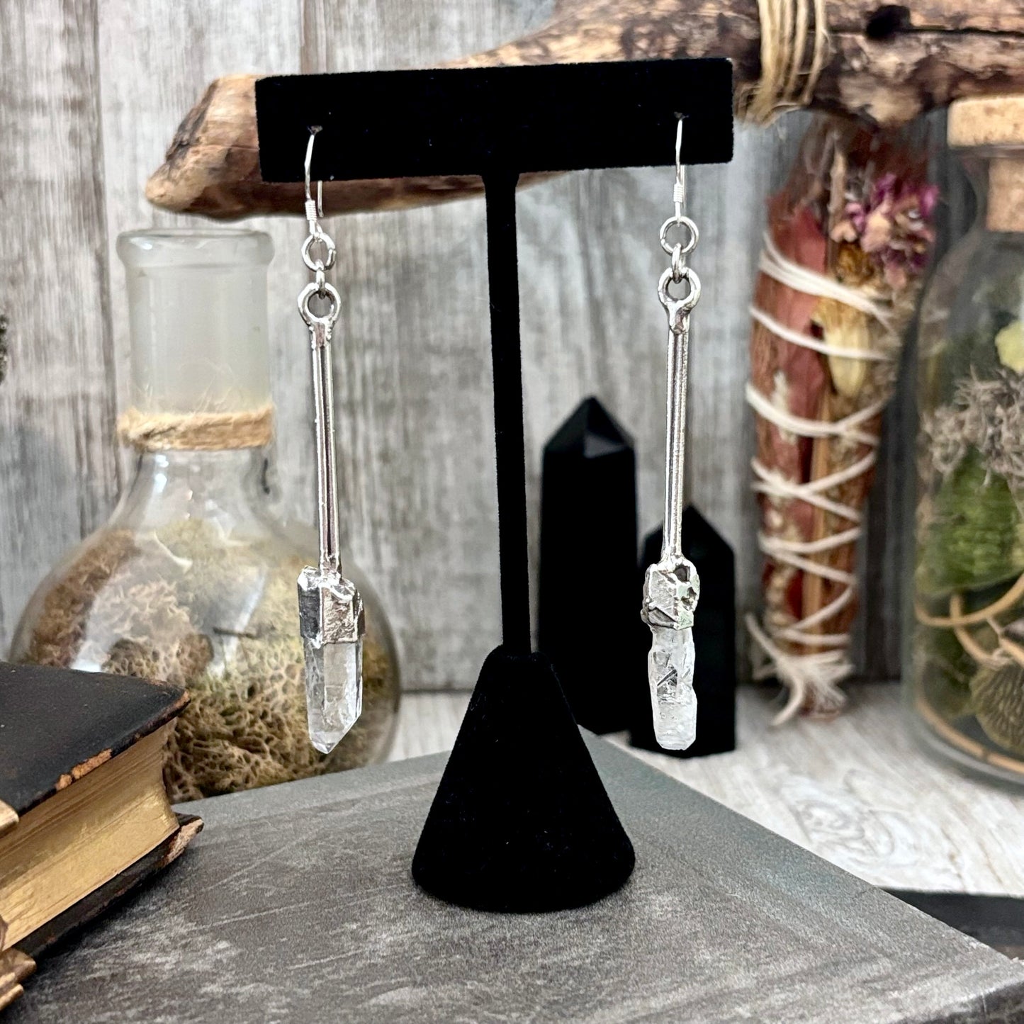 Raw Clear Quartz Fine Silver Crystal Dangle Earrings / Long Dangle Witchy Earrings