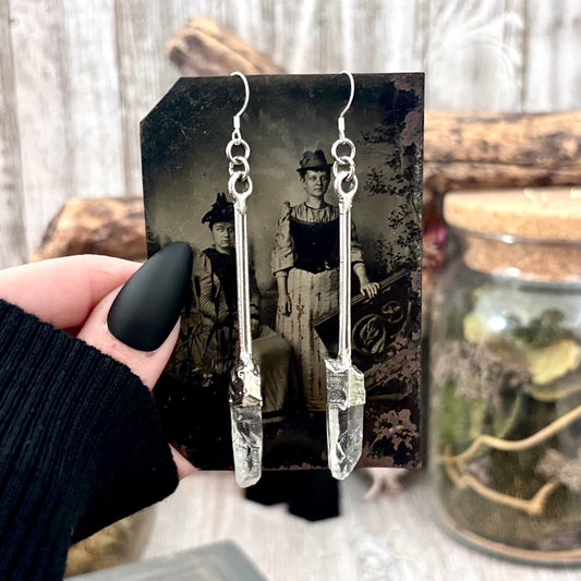 Raw Clear Quartz Fine Silver Crystal Dangle Earrings / Long Dangle Witchy Earrings