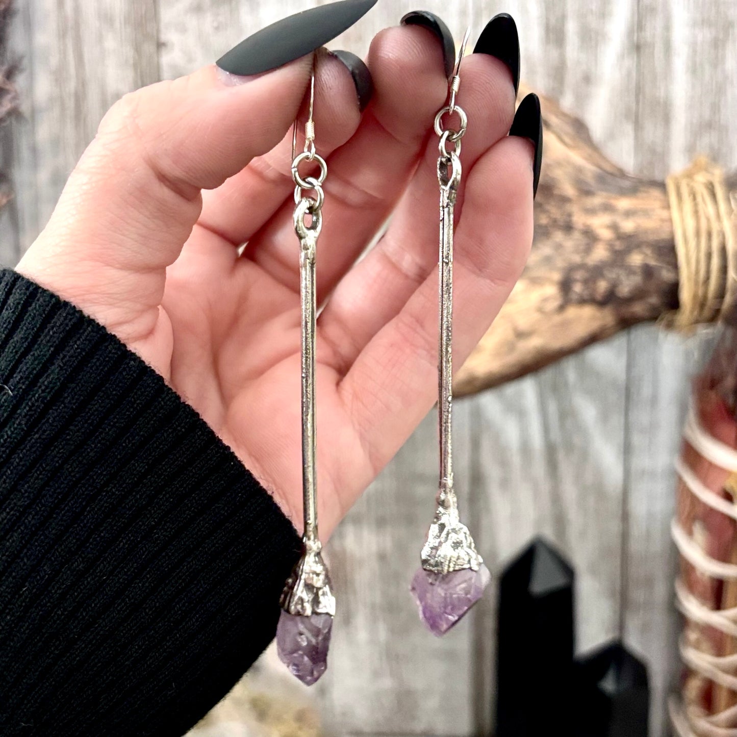 Raw Amethyst Fine Silver Crystal Dangle Earrings / Long Dangle Witchy Earrings