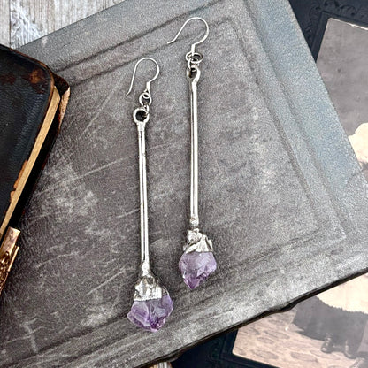 Raw Amethyst Fine Silver Crystal Dangle Earrings / Long Dangle Witchy Earrings