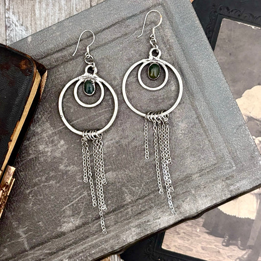 Moss Agate Fine Silver Crystal Hoop Fringe Earrings / Long Dangle Witchy Earrings