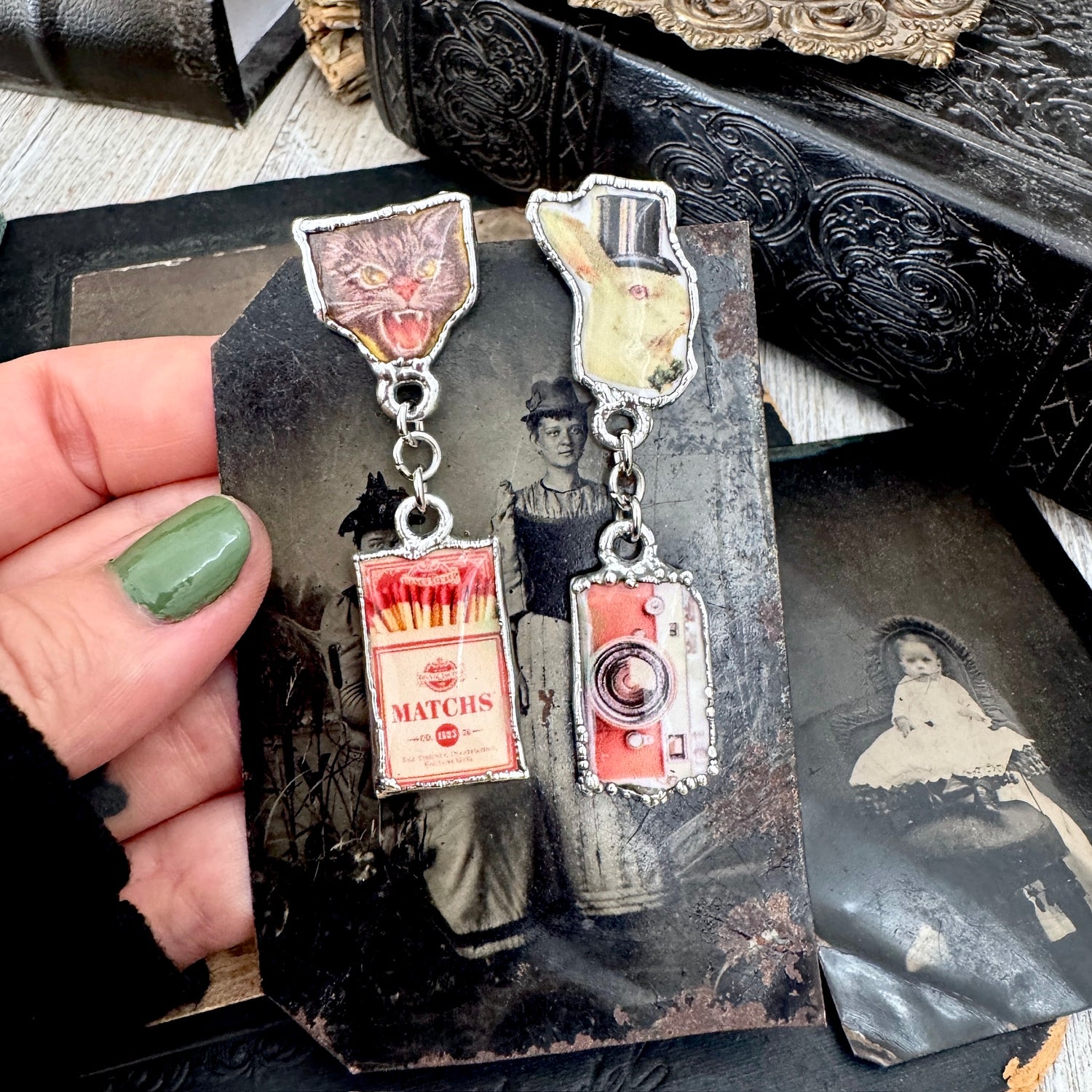 Mismatch Long Fine Silver Earrings - Vintage Cat, Matchbox, Rabbit and Camera / One of a Kind FOXLARK