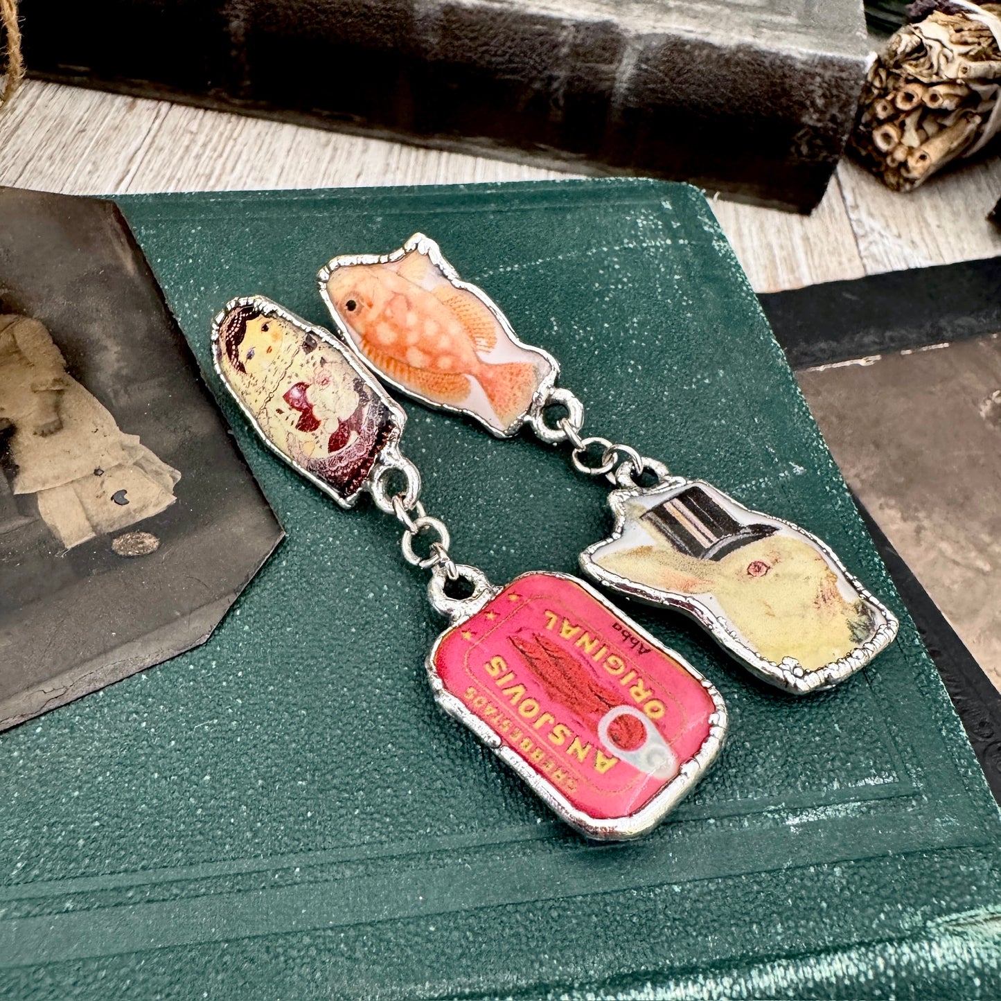 Mismatched Long Fine Silver Earrings - Vintage Fish, Rabbit, Nesting Doll and Sardines / One of a Kind