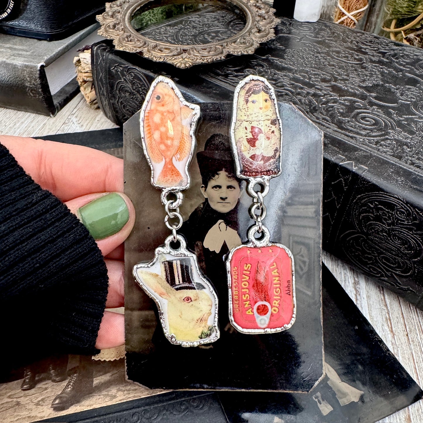 Mismatched Long Fine Silver Earrings - Vintage Fish, Rabbit, Nesting Doll and Sardines / One of a Kind