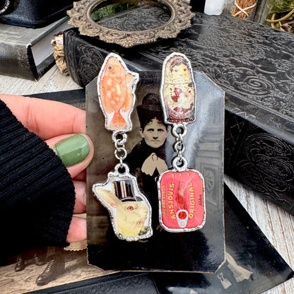 Mismatched Long Fine Silver Earrings - Vintage Fish, Rabbit, Nesting Doll and Sardines / One of a Kind